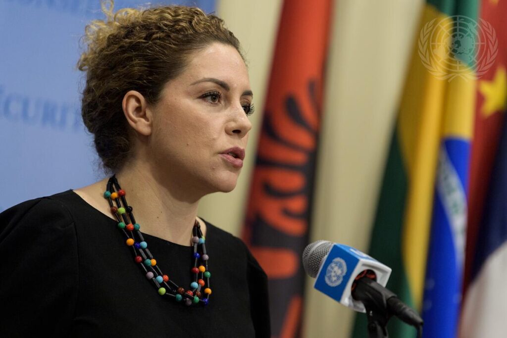 Minister for Europe and Foreign Affairs of the Republic of Albania and President of the Security Council for the month of June, Olta Xhaçka, briefs reporters ahead of the Security Council meeting on UN-EU cooperation in sustaining international peace and security 