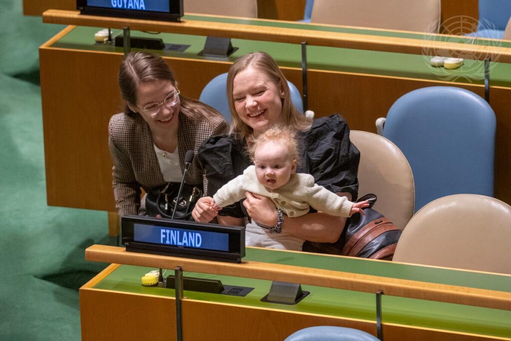 view of the Finnish delegation to the United Nations General Assembly's 16th plenary session on October 10,2022.The meeting covers a number of agenda items, including the integrated and coordinated implementation of and follow-up to the major United Nations conferences and summits in the economic, social, and related fields, follow-up to the Millennium Summit's outcome