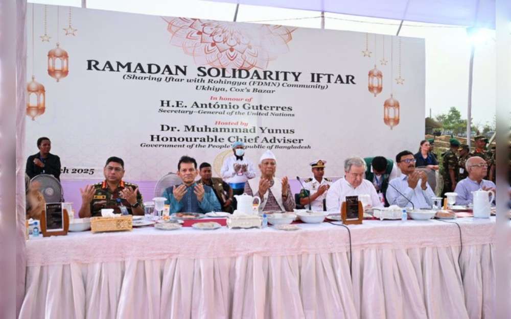 The leader of the United Nations and the chief of Bangladesh’s interim government were joined by about 100,000 Rohingya refugees for iftar – the meal to break the fast at sundown during Ramadan – at the Ukhia camp in Cox’s Bazar on Friday.