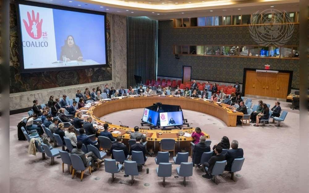 A wide view of the Security Council meeting on the United Nations Verification Mission in Colombia (UNVMC).On the screens are Hilda Beatriz Molano Casas, Coordinator of the Technical Secretariat of theCoalition against the involvement of children and young people in the armed conflict in Colombia (COALICO).