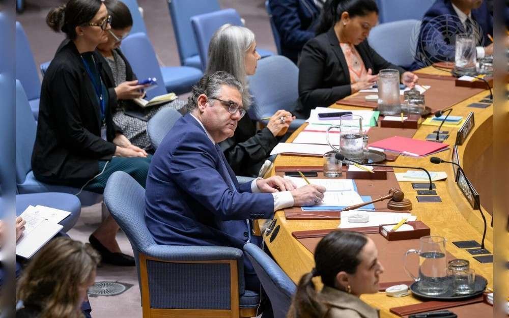Ioannis Stamatekos Deputy Permanent Representative of Greece to the United Nations and President of the UN Security Council for the month of May, chairs the Security Council meeting on threats to International peace and security.