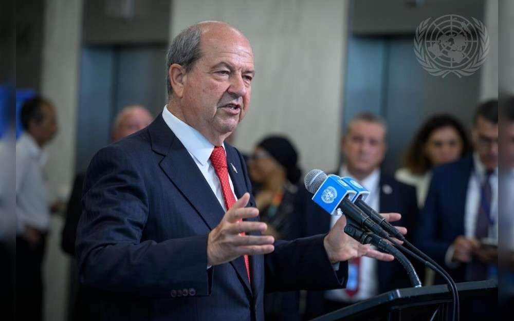 Ersin Tatar, Leader of Turkish Cypriot Community, briefs reporters after the informal meeting on Cyprus o