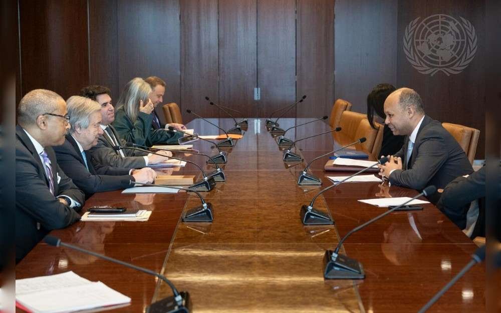 United Nations Secretary-General António Guterres meets with James Kariuki, Acting Permanent Representative of the United Kingdom to the United Nations and President of the Security Council for the month of February.