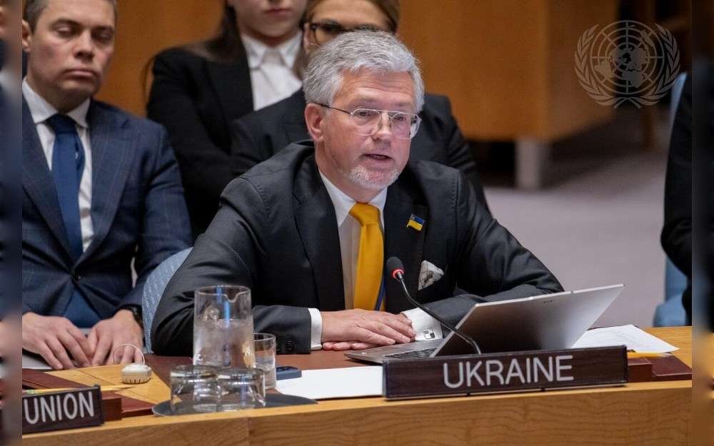 Andrii Melnyk, Permanent Representative of Ukraine to the UN, addresses the United Nations Security Council meeting on maintenance of peace and security of Ukraine.