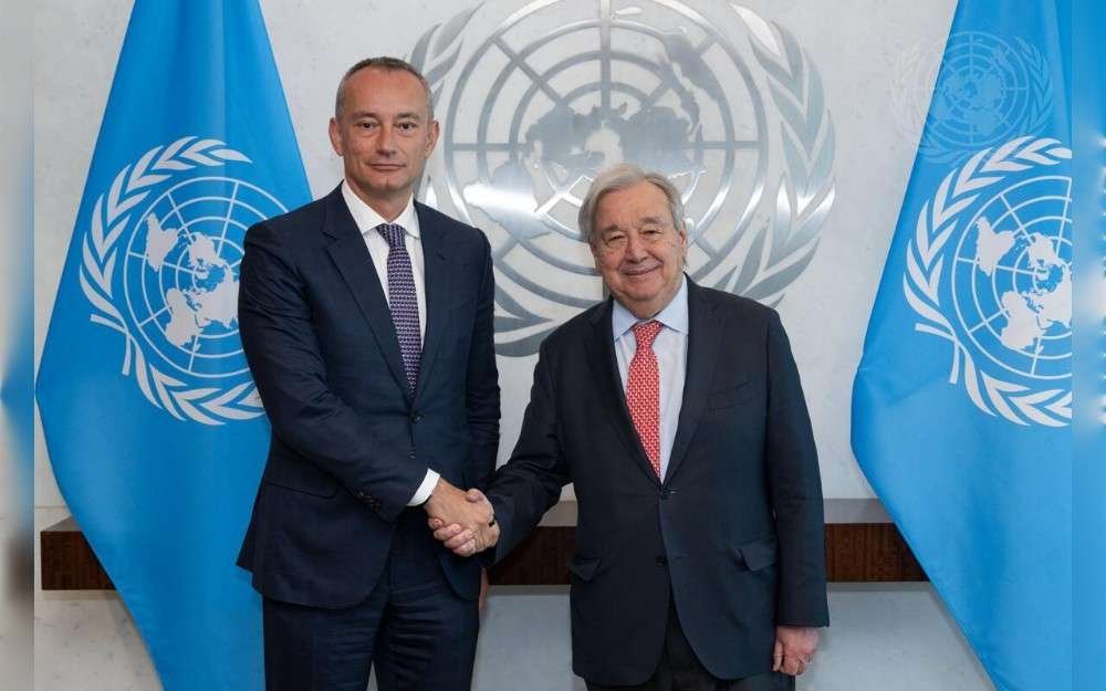 United Nations Secretary-General António Guterres (right) meets Nickolay Mladenov, High Representative for The Board of Peace