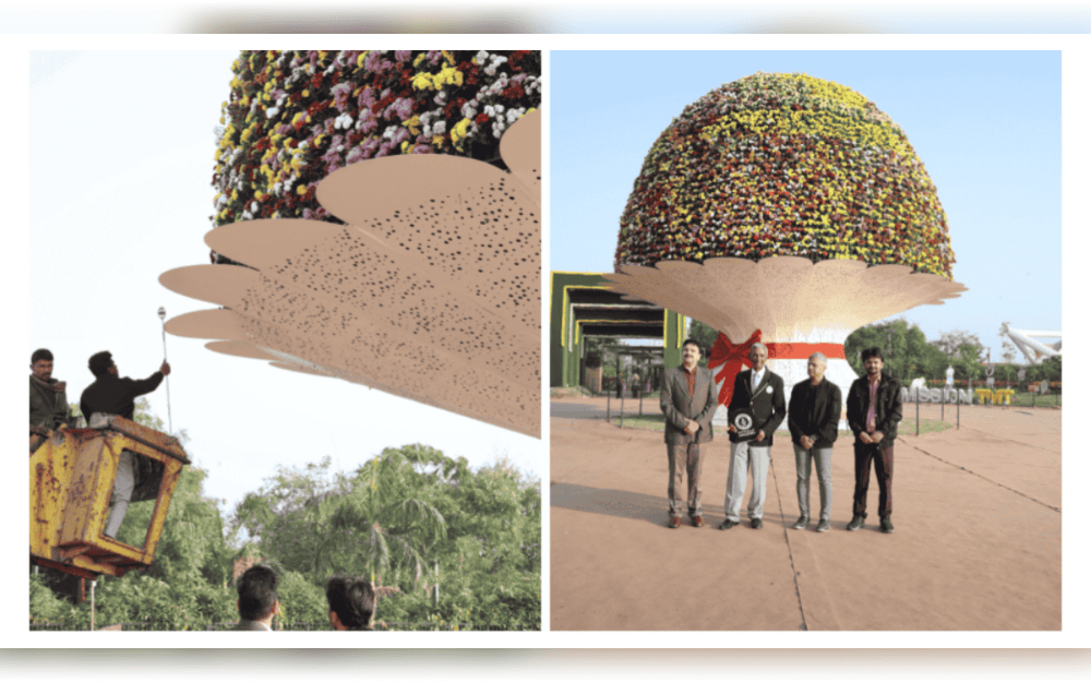 The enormous installation of bouquets of flowers by Ahmedabad Municipal Corporation (AMC), situated in Ahmedabad, India was named the world's largest flower arrangement by Guinness World Records on January 7, 2025. The city was once again illuminated with 11,700 live chrysanthemums as part of the yearly Ahmedabad International Flower Show.