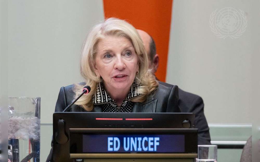 Catherine Russell, Executive Director of the United Nations Children’s Fund (UNICEF), addresses the informal meeting of the UN General Assembly plenary to hear a briefing on the UN80 Initiative