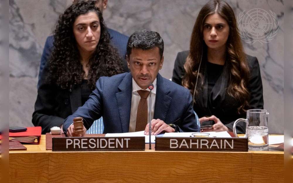 Jamal Fares Alrowaiei, Permanent Representative of Bahrain to the United Nations and President of the UN Security Council for the month of April, chairs the Security Council meeting on protection of civilians in armed conflict.