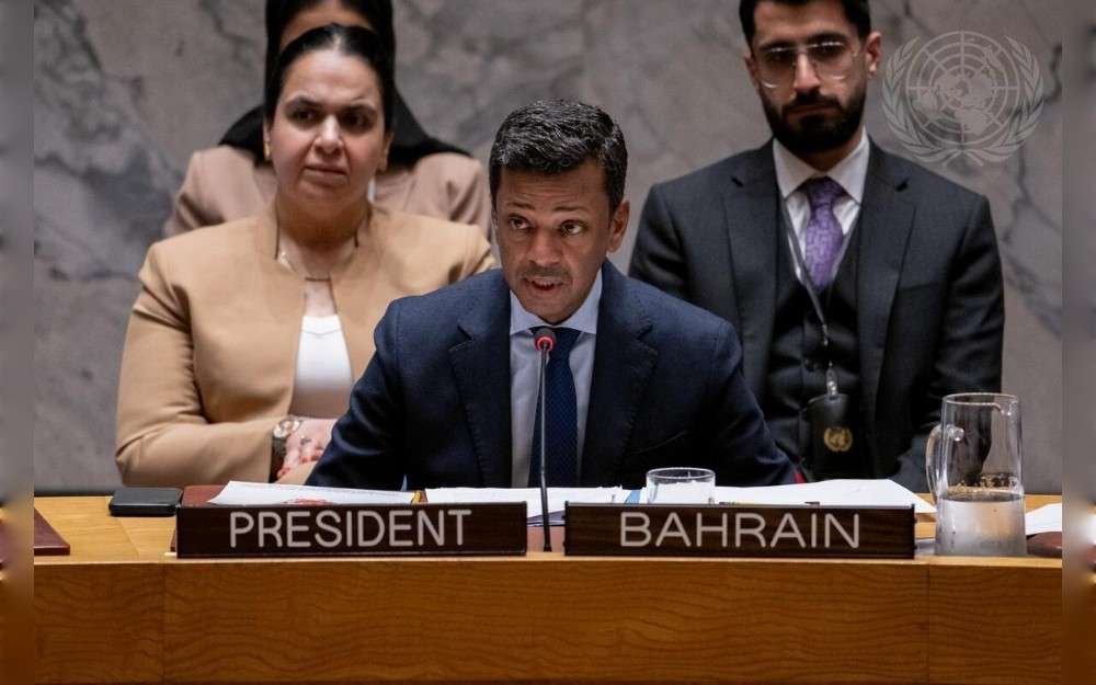 Jamal Fares Alrowaiei, Permanent Representative of Bahrain to the United Nations and President of the United Nations Security Council for the month of April, chairs the UN Security Council meeting on cooperation between the United Nations and European Union, under regional and subregional organizations, in maintaining international peace and security.
