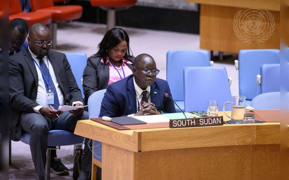 Sabino Edward Nyawella Amaikwey, Deputy Permanent Representative of South Sudan to the United Nations, addresses the UN Security Council meeting on the situation in Sudan and South Sudan.