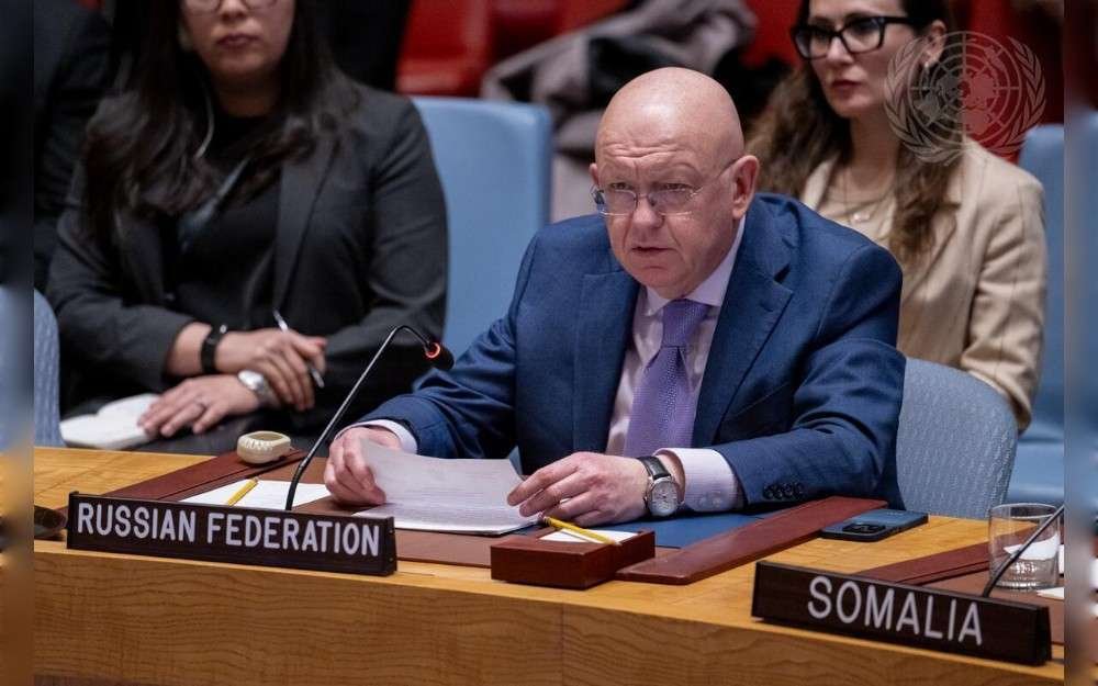 Vassily Nebenzia, Permanent Representative of the Russian Federation to the United Nations, addresses the UN Security Council meeting on maintenance of peace and security of Ukraine.