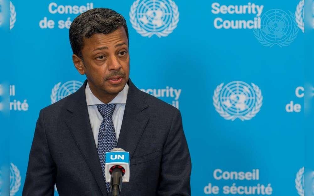 Jamal Fares Alrowaiei, Permanent Representative of Bahrain to the United Nations and President of the United Nations Security Council for the month of April, briefs reporters on Lebanon.