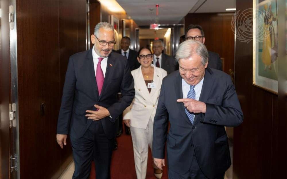 United Nations Secretary-General António Guterres (right) meets with Alix Didier Fils-Aimé, Prime Minister of the Republic of Haïti.
