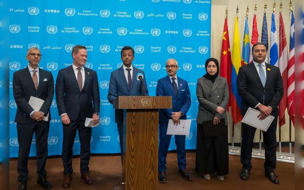 Jamal Fares Alrowaiei, Permanent Representative of Bahrain to the United Nations, briefs reporters on a draft UN Security Council resolution on the Strait of Hormuz. 