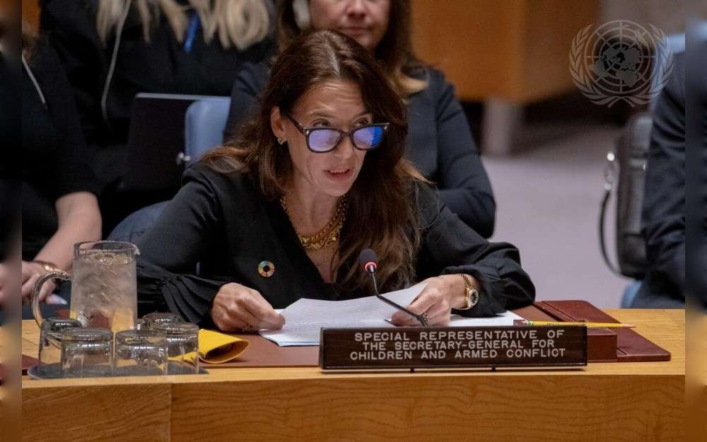 Vanessa Frazier, Special Representative of the Secretary-General for Children and Armed Conflict, briefs the United Nations Security Council meeting on threats to international peace and security.