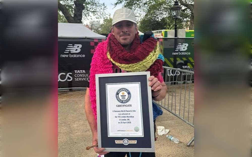 At the TCS London Marathon on April 26, Simon Fannon, a marathon runner from the United Kingdom, claimed the Guinness World Records title for the longest scarf crocheted while running a marathon after creating an 18-foot-3-inch (5.59-meter) multicolored scarf while competing.