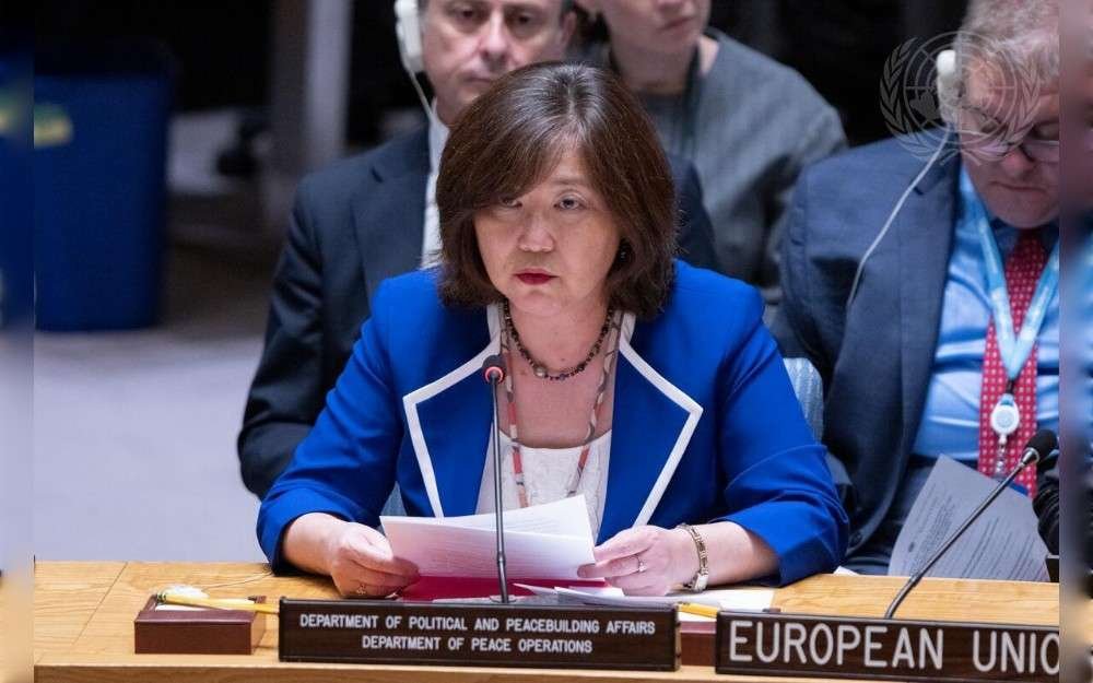 Kayoko Gotoh, Director for Europe, Central Asia, and the Americas, Departments of Political and Peacebuilding Affairs and Peace Operations, briefs the United Nations Security Council meeting on threats to international peace and security.