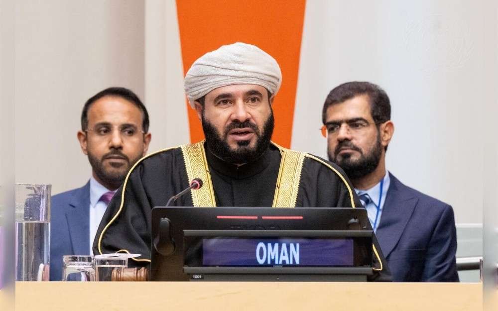 Mohammed bin Said Al Mamari, Minister of Endowments and Religious Affairs of Oman, addresses the launch event of the Muscat Plan of Action for Traditional and Indigenous Leaders and Peoples in Countering and Addressing Hate Speech and Preventing Genocide and Atrocity Crimes and their incitement through Peace Mediation.