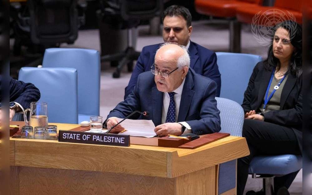 Riyad Mansour, Permanent Observer of the State of Palestine to the United Nations, addresses the UN Security Council meeting on the situation in the Middle East, including the Palestinian question.