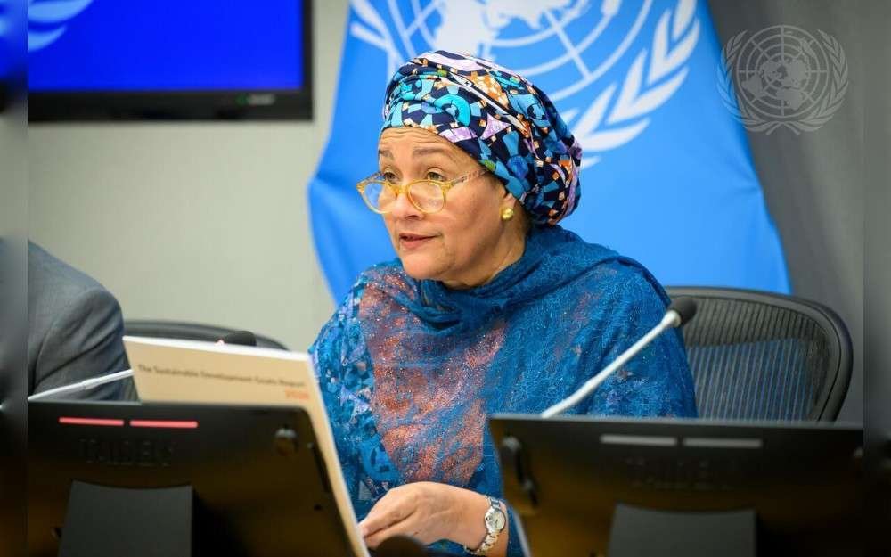 United Nations Deputy Secretary-General Amina Mohammed briefs reporters on the launch of the Sustainable Development Goals Report 2026.
