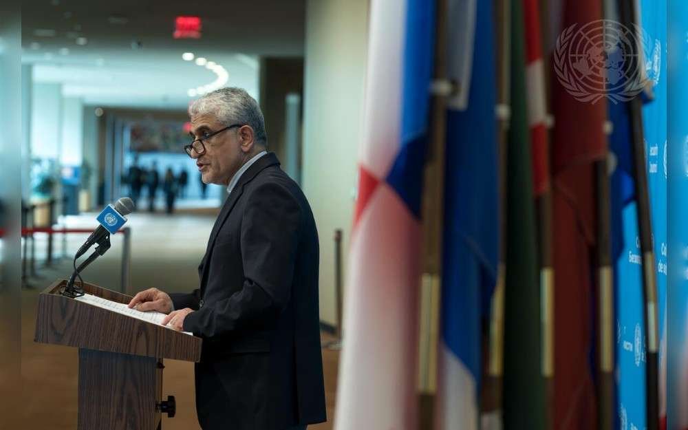Amir Saeid Iravani, Permanent Representative of the Islamic Republic of Iran to the United Nations, briefs reporters after the UN Security Council meeting on Non-proliferation. 