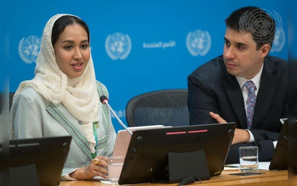 Sahira Al Nahari, Young Leader for Sustainable Development Goals, and Felipe Paullier, United Nations Assistant Secretary-General for Youth Affairs, brief reporters on mental health and football.