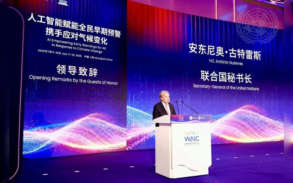 United Nations Secretary-General António Guterres addresses the opening session of the World Artificial Intelligence Conference Meteorological Forum.