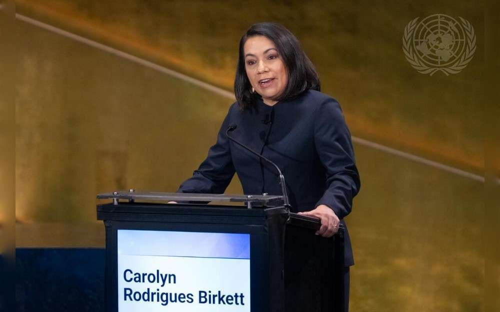 Carolyn Rodrigues Birkett from Guyana, candidate for the position of the next Secretary-General, speaks during the event “UN Town Hall: The Next Secretary-General”.