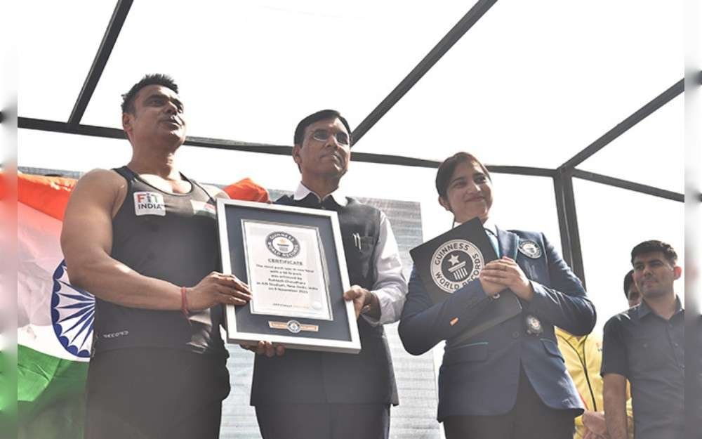 The "Push-up Man of India," 41-year-old Indian Rohtash Chaudhary, broke the record for the most push-ups performed in an hour using a 60-pound load.