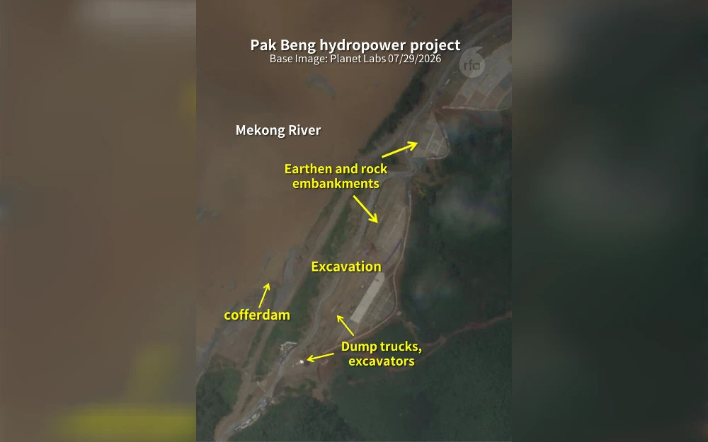 Construction is underway on Laos’ latest large-scale Mekong River dam, satellite imagery analyzed by Radio Free Asia shows. Experts told RFA that the Pak Beng hydropower project will be like the other mainstream Mekong River dams, with Vientiane hopeful that sacrificing riparian ecosystems and relocating nearby villages will be worth the expected benefits to the economy.