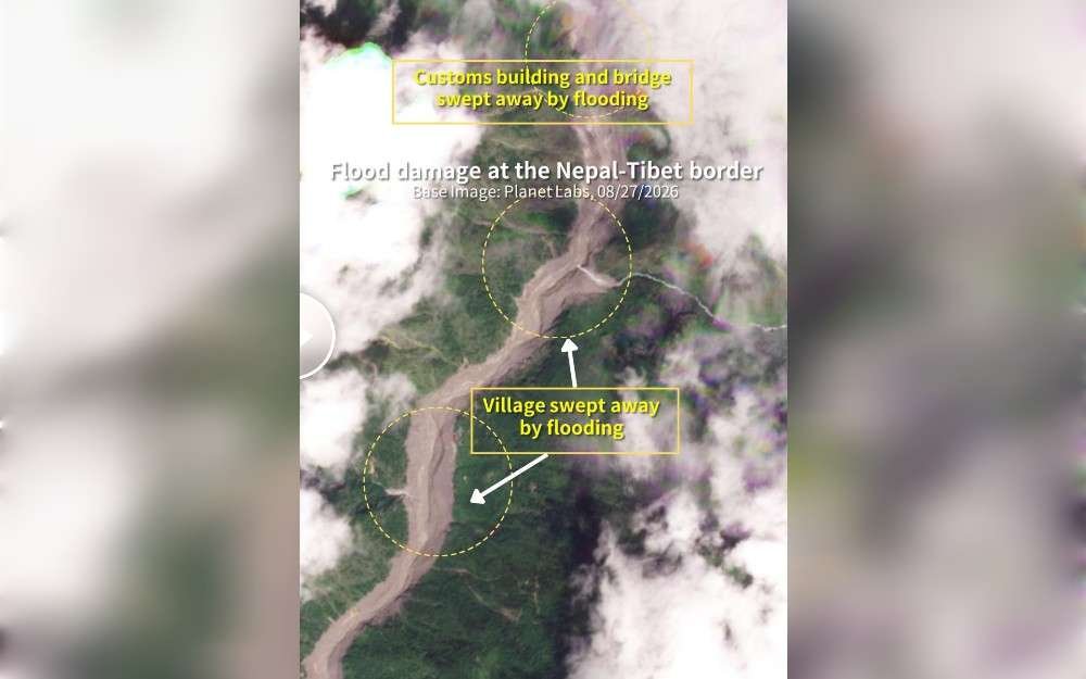 Satellite imagery taken at the Nepal-Tibet border shows extensive destruction from flooding and landslides that inundated the area Wednesday leaving hundreds of people dead or missing, but information from the Chinese-controlled side of the border is severely lacking, Tibetan rights activists told Radio Free Asia.