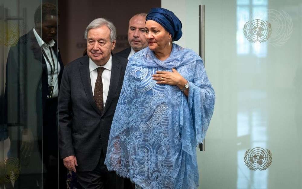 United Nations Secretary-General António Guterres arrives at a stakeout to brief reporters on his visit to Syria, Jordan, and Cyprus. He is joined by Deputy Secretary-General Amina J. Mohammed.