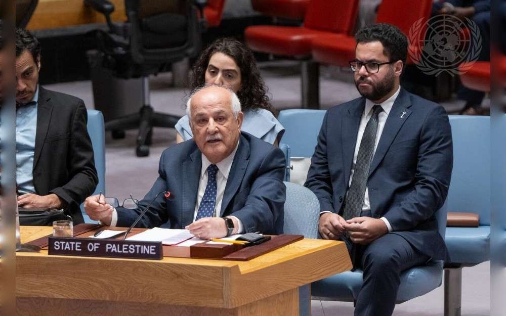 Riyad H. Mansour, Permanent Observer of the State of Palestine to the United Nations, addresses the UN Security Council meeting on the situation in the Middle East, including the Palestinian question.