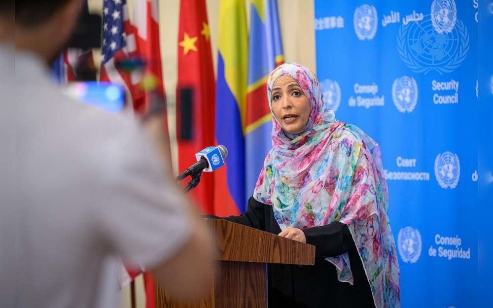 Tawakkol Karman, Yemeni human rights defender and Nobel Peace Prize laureate, briefs reporters at UN Headquarters.