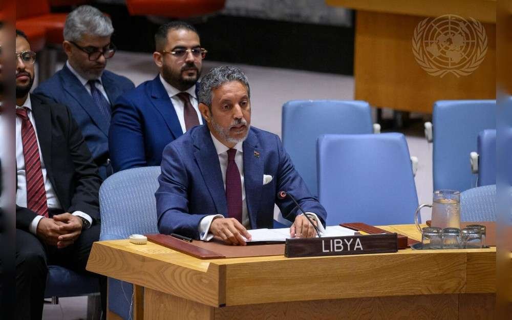 Taher M. El-Sonni, Permanent Representative of the State of Libya to the United Nations, briefs the UN Security Council meeting on the situation in Libya.