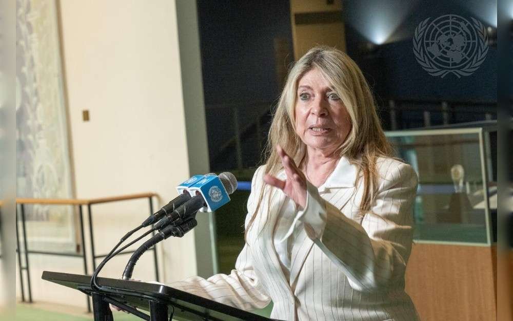Ivonne Baki, candidate for the position of the next United Nations Secretary-General, briefs reporters after the informal dialogue held with the candidates for the position of the next UN Secretary-General.