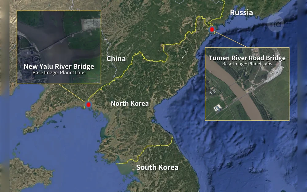 Satellite imagery analyzed by Radio Free Asia shows rapid progress on a new road bridge connecting North Korea and Russia across the Tumen River, while construction is also accelerating on a long-delayed bridge linking North Korea and China.