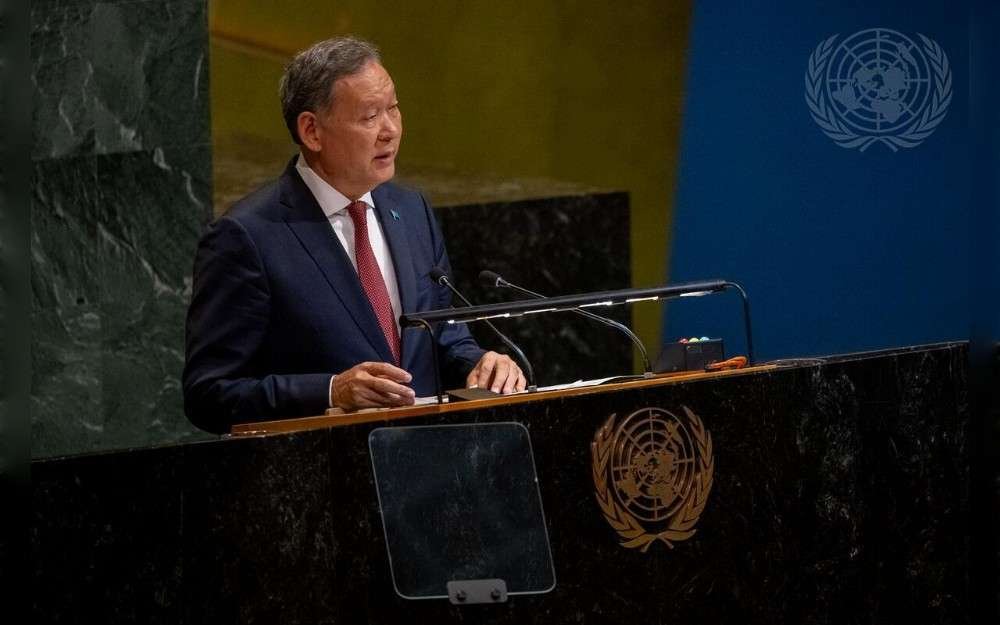Kairat Umarov, Permanent Representative of the Republic of Kazakhstan to the United Nations, introduces a resolution on an “International Day of Greening the Planet” during the 109th plenary meeting of the UN General Assembly.