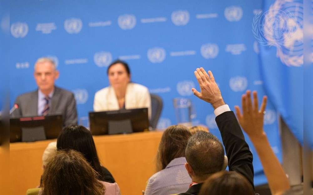 Jérôme Bonnafont (left), Permanent Representative of France to the United Nations and President of the UN Security Council for the month of September, briefs reporters on the programme of work of the UN Security council for the month.