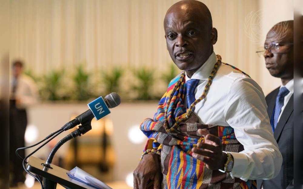 Robert Dussey, Minister for Foreign Affairs, Cooperation, African Integration and Togolese Abroad of Togo, briefs reporters in connection with draft resolution “Correct the map”: rebalancing global cartographic representation and promoting equitable representation of the world’s regions, particularly Africa at UN Headquarters in New York.