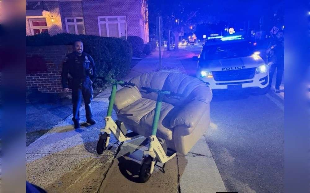 A couch that was mounted on two e-scooters was allegedly seen carrying two men down a road. According to a police Facebook post, two men were pulled over while riding a couch down a street in Charlotte, North Carolina, United States. 