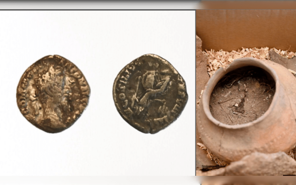 A 2,400-year-old urn containing cremated human remains and a nearly 2,000-year-old Roman silver coin were found by a man looking for mushrooms in a Polish forest.