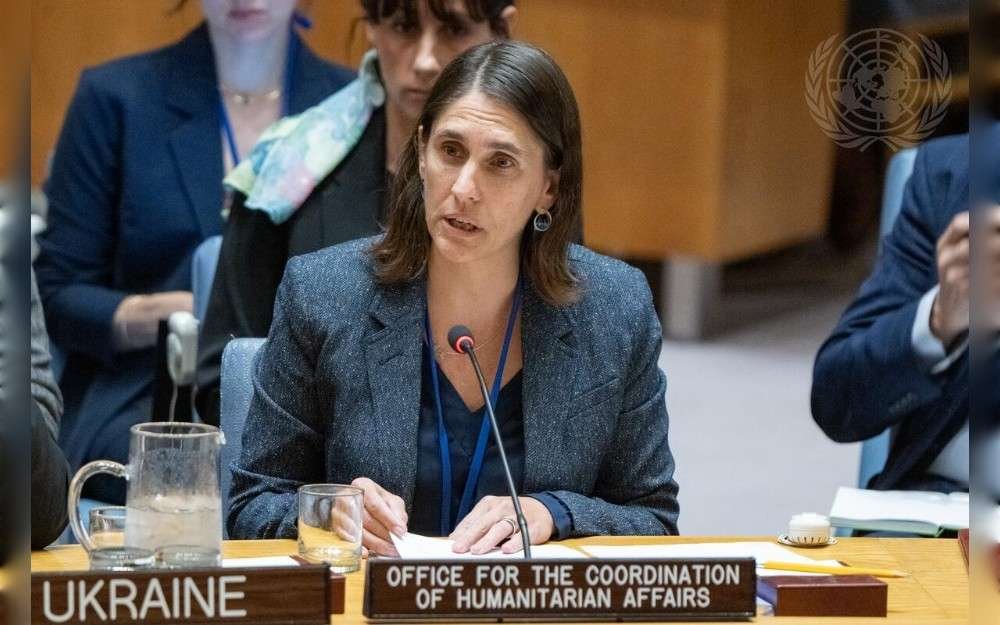 Gemma Connell, Director of the Crisis Response Division of the Office for the Coordination of Humanitarian Affairs (OCHA), briefs the United Nations Security Council meeting on maintenance of peace and security of Ukraine.