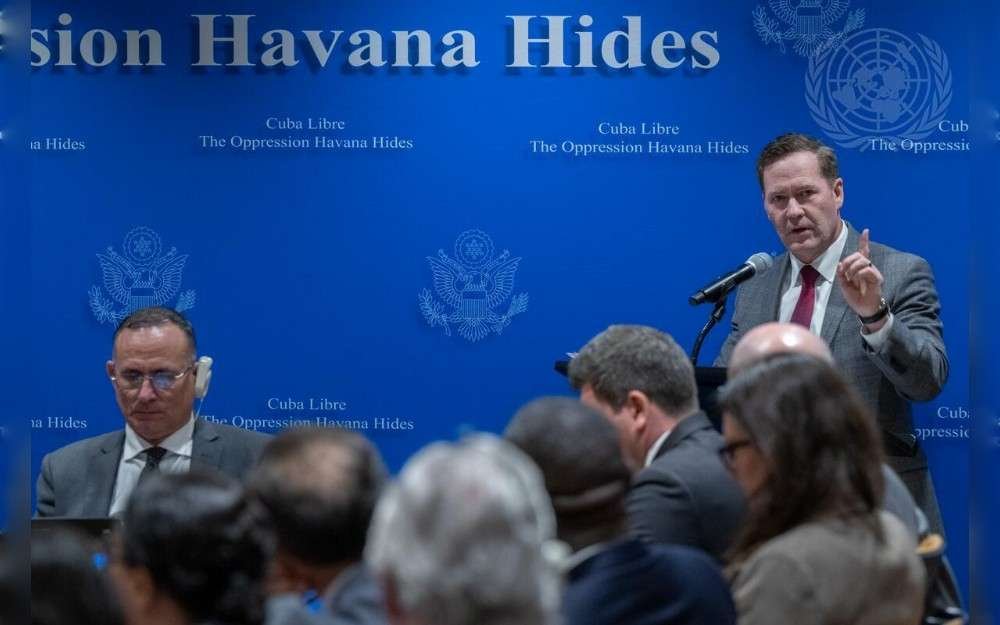 Michael G. Waltz (right), Permanent Representative of the United States of America to the United Nations, addresses the meeting on Cuba called “Cuba Libre: The Oppression Havana Hides.”