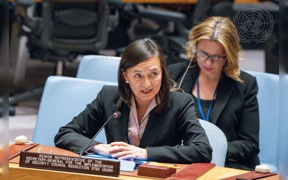 Mari Yamashita, Senior Representative of the United Nations Secretary-General for the Implementation of Security Council Resolution 2792 (2025), briefs the UN Security Council meeting on the situation between Iraq and Kuwait.