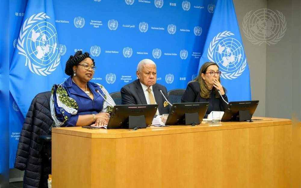 Joy Ngozi Ezeilo speaks during the press briefing by the Independent International Fact-Finding Mission for the Sudan. With her are Mohamed Chande Othman and Mona Rishmawi.