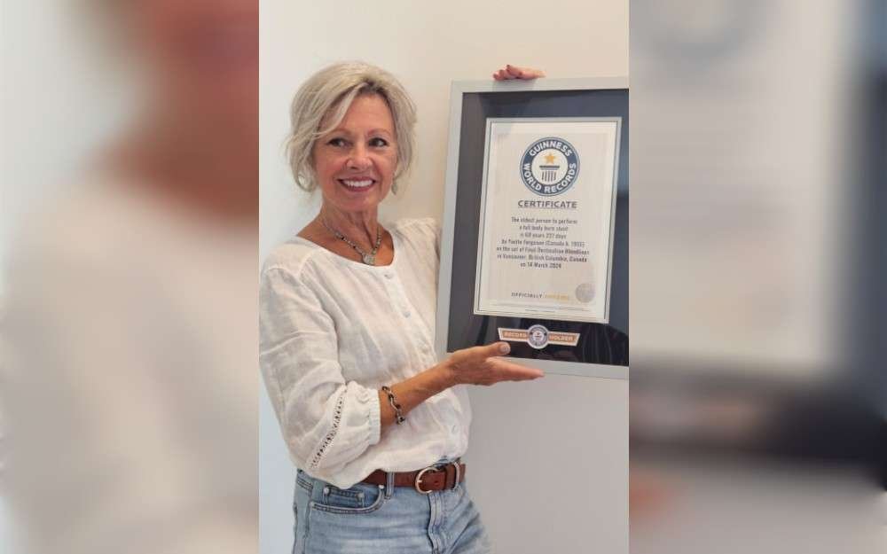 At the age of 68 years, stunt performer Yvette Ferguson from Canada has become the oldest person in history  to do a full body burn stunt after being doused in a skin-protectant gel and soaked in accelerant.  